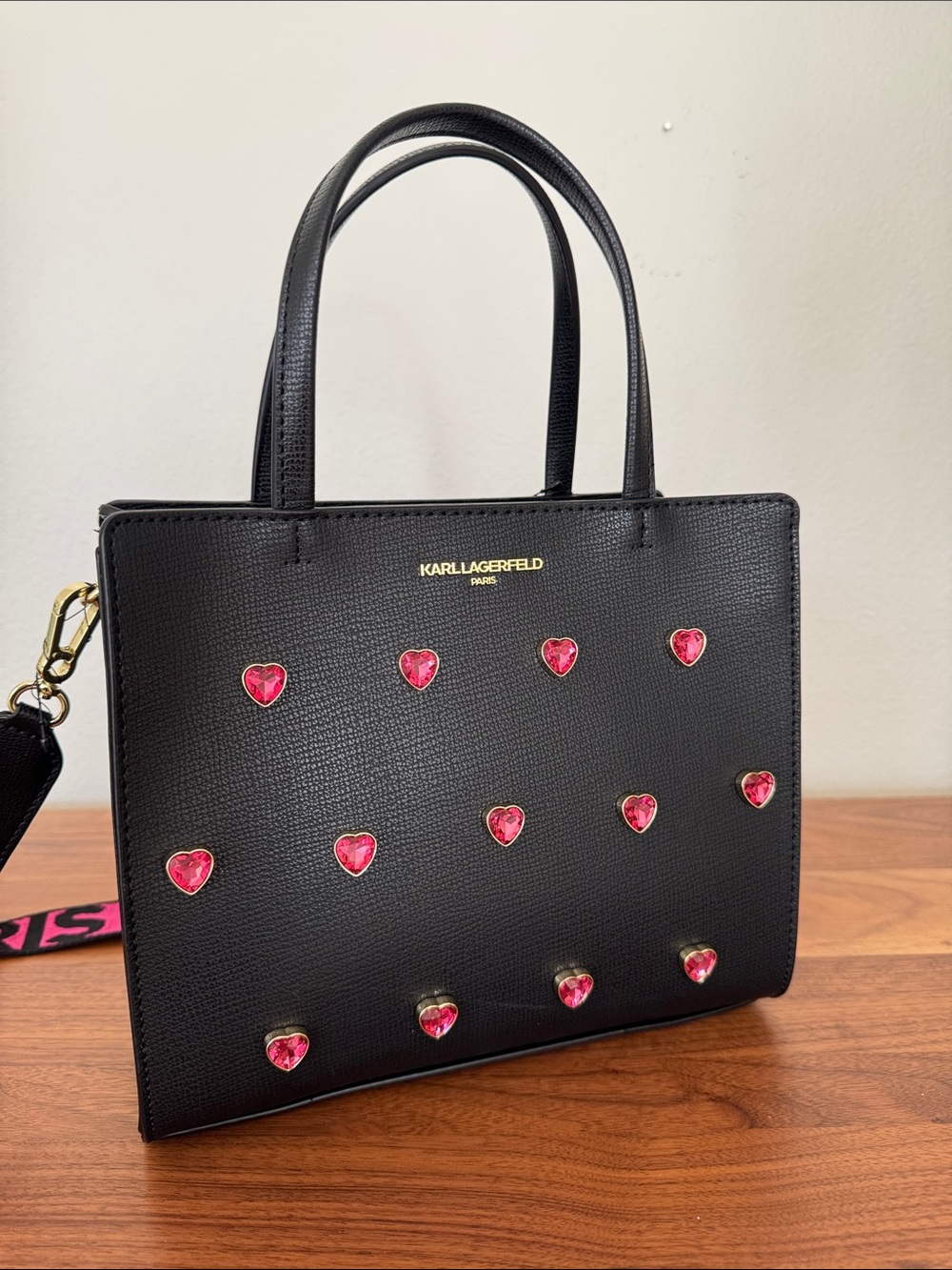 Karl Lagerfeld Black Leather Satchel with Pink Heart Studs